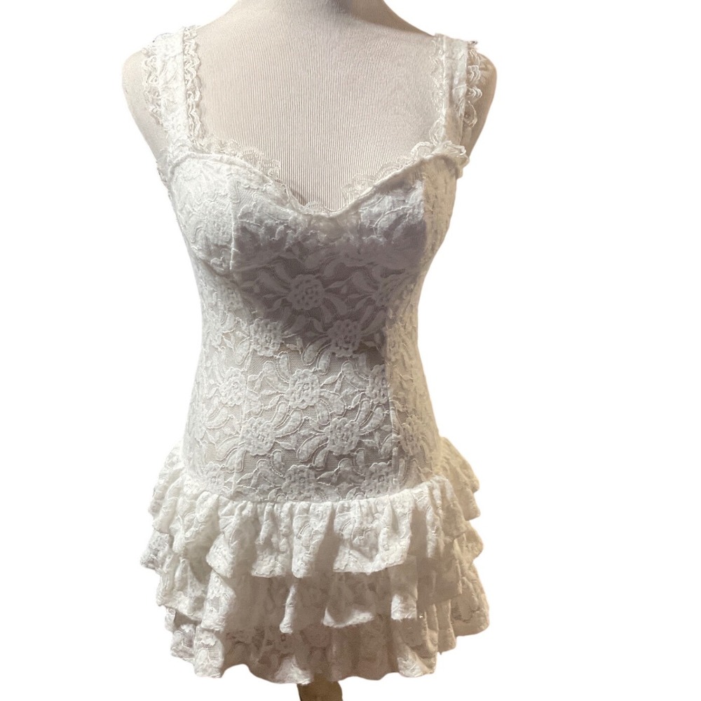 Haute SHEIN White Floral Lace Tiered Ruffle Mini Dress Womens Size XS NWT